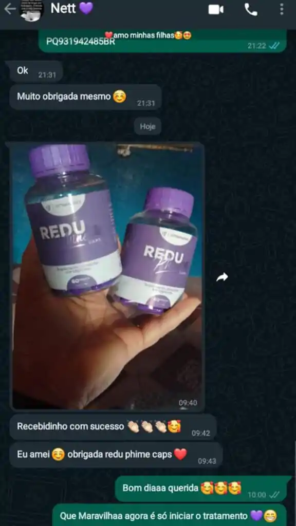 Print de conversa no WhatsApp de cliente que recebeu o produto ReduPhine Caps