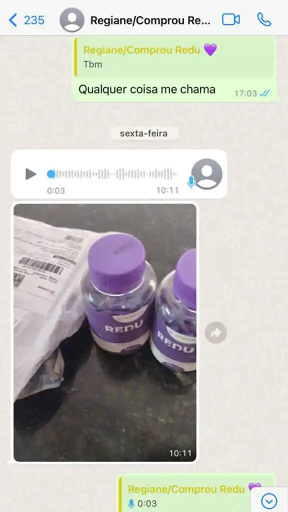 Print de conversa no WhatsApp de cliente confirmando o recebimento do ReduPhine Caps