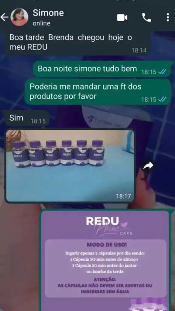 Print de conversa no WhatsApp de cliente que comprou 6 potes do ReduPhine Caps