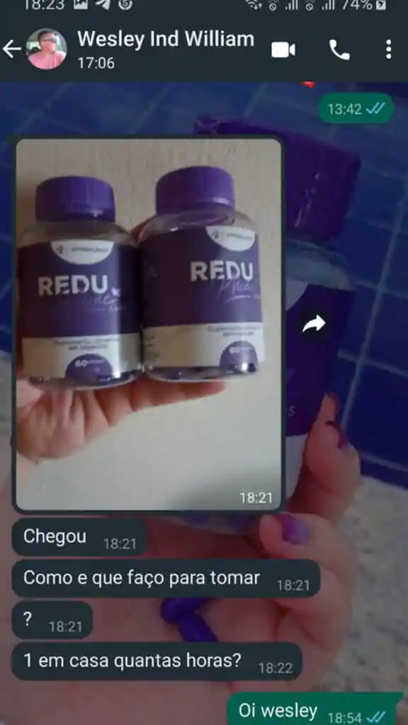 Print de conversa no WhatsApp de cliente que comprou 2 potes do ReduPhine Caps