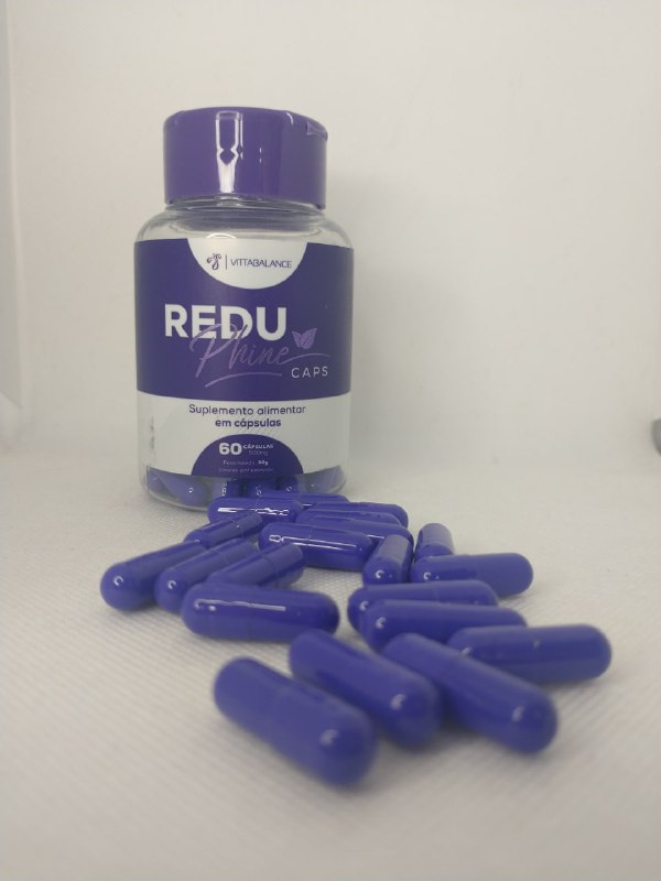 Frasco do ReduPhine Caps com cápsulas espalhadas em fundo branco